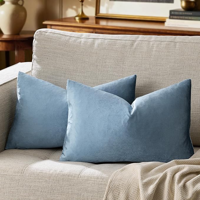 GIGIZAZA Stone Blue Velvet Throw Pillow Covers 12x20 Pack of 2 | Decorative Lumbar Pillows for Couch Sofa,280gsm Soft Textured Fabric,Modern Pillowcases,Luxury Cushion Covers