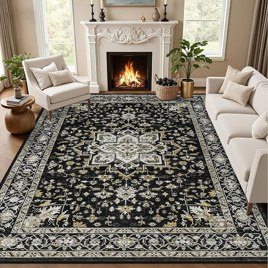 8x10 Area Rugs for Living Room: Washable Rug Soft Vintage Boho Medallion Carpet Indoor Non-Slip Stain Resistant Large Carpets for Bedroom Dining Room Farmhouse Nursery Home Office Black Gold