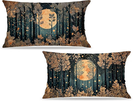 Vintage William Morris Inspired Gold Forest Moon Pillow Covers 20x12 Set of 2,Rustic Black and Gold Moon Nature Landscape Botanical Decorative Throw Pillow Covers for Home Bedroom Living Room