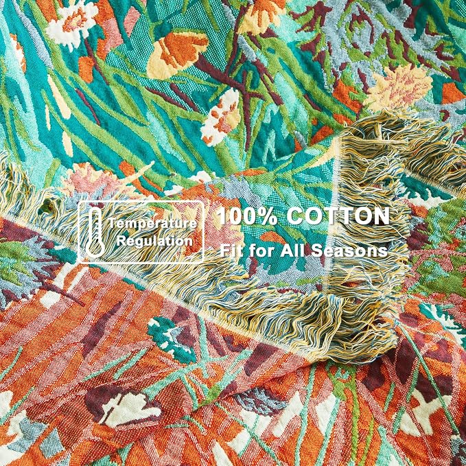 LUTBM Cotton Boho Blanket for Bed, Queen Soft Lightweight Reversible Quilt | 90"x90" Floral Embroidery Blankets, All-Season Bedspread, For Chair Sofa Couch Bedroom Living Room Decor, Breathable Gauze