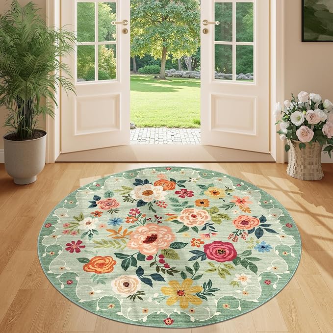 DUKINO 4ft Round Rug, Floral Washable Small Round Area Rug Non Slip, Green | Soft, Low Pile, Stain Resistant Indoor Circle Rug for Bedroom, Kitchen, Kids Room, Living Room, Pet Friendly, Home Decor