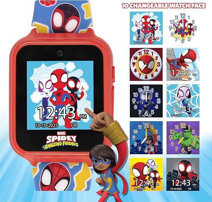 Marvel Spidey and His Amazing Friends Interactive Kids Smart Watch with Camera Games Voice Recorder Calculator Pedometer Colorful Silicone Strap Fits Wrists 5.5" to 8"