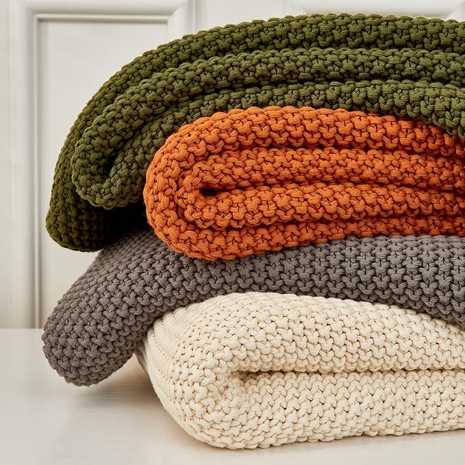 Chunky Cable Knit Throw Blanket Lightweight Burnt Orange 100% Organic Cotton Blanket for Sofa Couch Bed Baby Nursery, Rustic Shabby Chic Modern Farmhouse, 60” x 80” Give Laundering Bag