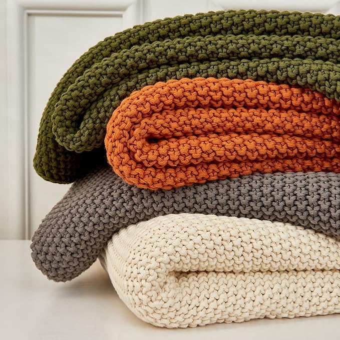 Chunky Cable Knit Throw Blanket Lightweight Grey 100% Organic Cotton Blanket for Sofa Couch Bed Baby Nursery, Rustic Shabby Chic Modern Farmhouse, Gray 51” x 63” Give Laundering Bag