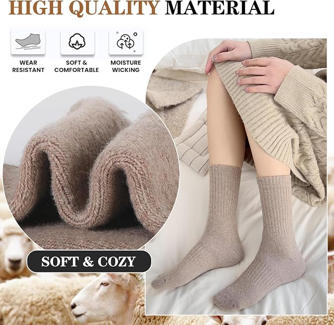 MOGGEI 5 Pairs Womens Merino Wool Socks Hiking Warm Winter Thick Thermal Crew Cozy Cabin Ladies Gift Comfy Boot Work Socks