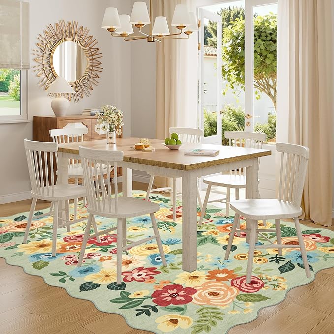 DUKINO 6x9 Area Rugs, Floral Washable Rug for Living Room Non Slip, Green | Low Pile, Stain Resistant, Soft Indoor Large Rugs for Bedroom, Dining Room, Kids Playroom, Nursery, Pet Friendly, Home Decor
