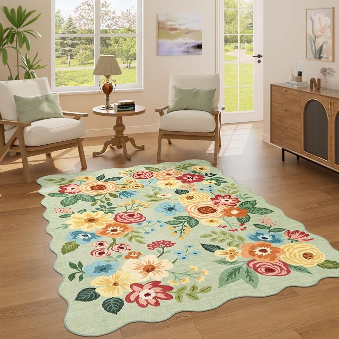 DUKINO 4x6 Area Rug, Non Slip Floral Washable Rug for Living Room, Green | Low Pile, Stain Resistant, Soft Throw Rugs for Bedroom, Office, Dining Room, Nursery, Pet Friendly, Home Decor, Lightweight