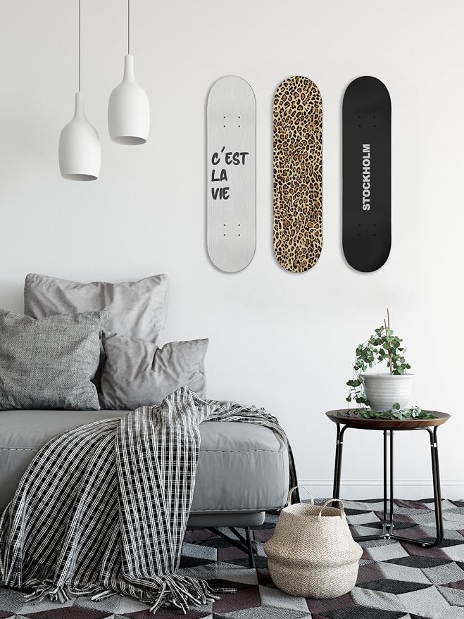 TwoDays Stockholm Style Skateboard Wall Decor - Modern Wall Mount Art Set for Men's Apartment & Dorm, Cool Cheetah Print Skate Deck, Trendy Skater Room Design (Set of 3)