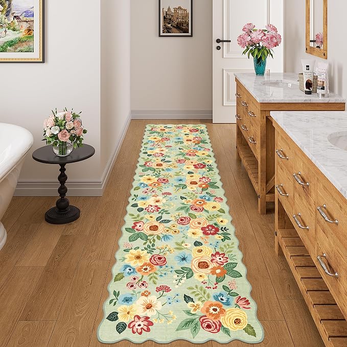 DUKINO 2x8 Washable Runner Rug, Floral Non Slip Kitchen Runner Rug, Green | Low Pile, Soft Throw Rug Runner for Hallway, Entryway, Bedroom, Bathroom, Pet Friendly, Stain Resistant, Home Decor