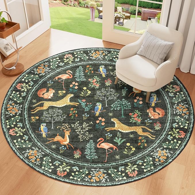 DUKINO 4ft Round Rug, Washable Animal Small Round Area Rug Non Slip, Black | Low Pile, Soft, Non-Shedding Indoor Circle Carpet for Bedroom, Entryway, Living Room, Farmhouse, Pet Friendly, Lightweight