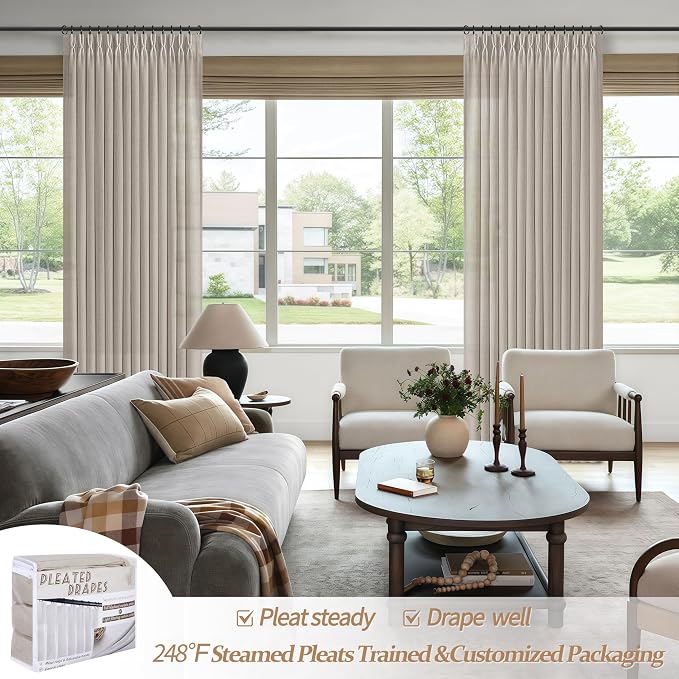 Greyish Brown Pinch Pleated Curtains 92 Inches Long 2 Panels Set for Nursery, Memory Trained Linen Blend Semi Sheer Light Filtering Country Privacy Viral Windows Curtain for Bedroom 90-92 Inch Drapes