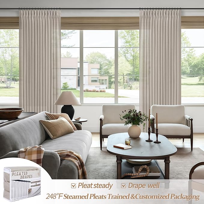 Greyish Brown Pinch Pleat Extra Wide Sheer Curtains 70 x 90 Inches Long for Bedroom, Memory Shape Natural Linen Rustic Ceiling Track Curtain Light Filtering Windows Drapes 2 Panels Set with Back Tab