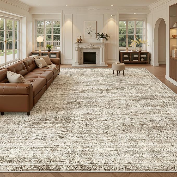 Soalmost 10x14 Area Rugs for Living Room Washable Rug Non-Slip Brown | Large Vintage Stain Resistant Carpet for Dining Bedroom, Low Pile Lightweight Foldable Floor Mat Nursery Home Office Decor