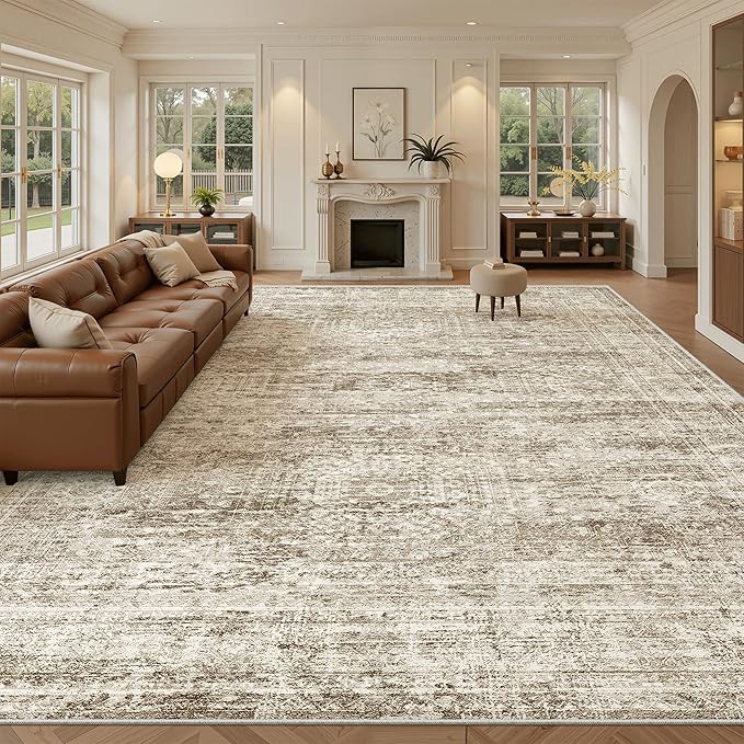Soalmost 12x15 Washable Area Rugs Soft Living Room Rug Abstract Brown | Large Vintage Carpet Non-Slip for Dining Bedroom, Low Pile Thin Stain Resistant Foldable Indoor Floor Mat Home Office Decor