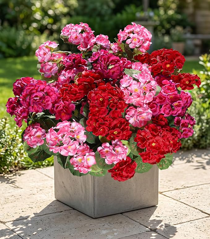 Artificial Geraniums Fake Flowers for Outdoors Decoration, 6 Bundles Silk Geraniums Flower UV Resistant Look Real Faux Plants for Front Door Garden Porch Planter Patio Balcony Yard Indoor Home, Mix