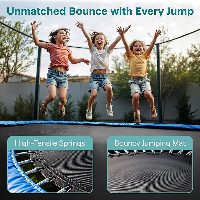 SereneLife Trampoline Outdoor 8FT 10FT 12FT 14FT with Enclosure Net, Ladder and Anti-Rust Coating - ASTM Approved Recreational Trampolines - Heavy Duty Yard Trampolines for Kids and Adults