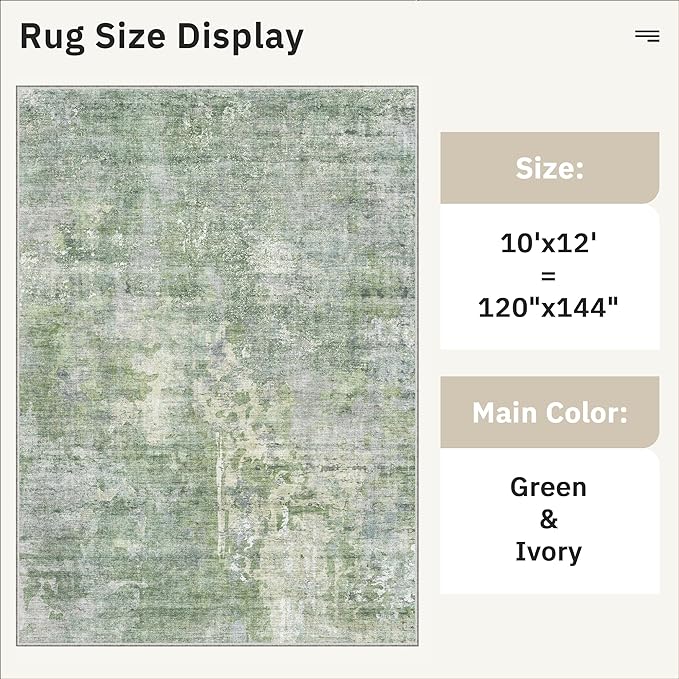 Soalmost 10x12 Area Rugs for Living Room Washable Rug Abstract Green/Ivory | Non-Slip Large Modern Carpet for Dining Bedroom, Soft Low Pile Lightweight Foldable Floor Mat Nursery Home Office Decor