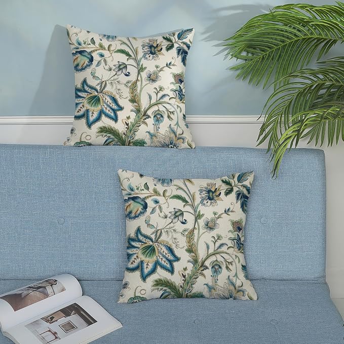 Blue Green Pillow Covers 18x18 Set of 2 Sage Green Chinoiserie Floral Throw Pillows Boho Vintage Flowers Decorative Pillowcase Outdoor Chinoiserie Decor Farmhouse Cushion Case for Couch Sofa