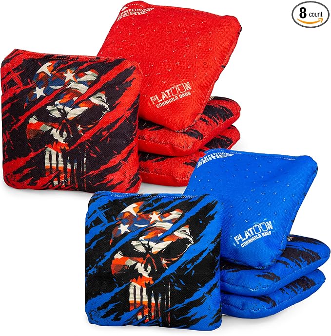 Play Platoon Competition Series Cornhole Bags Set of 8 Regulation Professional Weight Double Sided Slick and Stick with Rubber Sticky Dot Slow Side for Pro Corn Hole Bean Bag Toss Game-Designed in USA