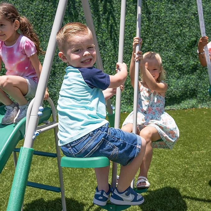 The Swing Company 600LBS Yonkers Metal Swing Set, Outdoor Backyard Playset Kids Aged 3-8 with 2 Swings, Glide Ride, Trapeze, 5ft Slide, Anchor Kit, 6ft Durable Steel Frame