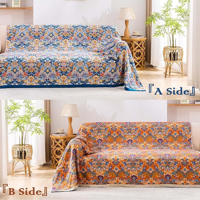 XIBLC Boho Throw Blanket for Bed, 100% Cotton Soft Rustic Quilt Fall Blanket, 80"x90" Floral Printed Farmhouse Decor Bed Blankets, All Season Rustic Reversible Bohemian Throw Quilt