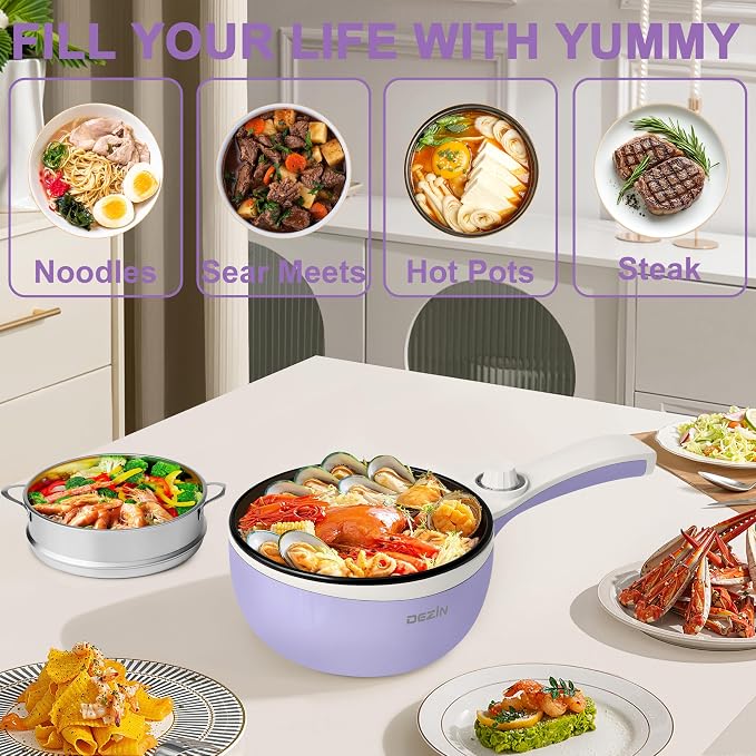 Dezin Hot Pot Electric with Steamer, 1.5L Non-Stick Portable Electric Pot | Dual Power, Upgraded 700W Electric Pot for Cooking Steak, Egg, Ramen Cooker for Dorm, RV, Office, Easy to Clean, Purple Pan