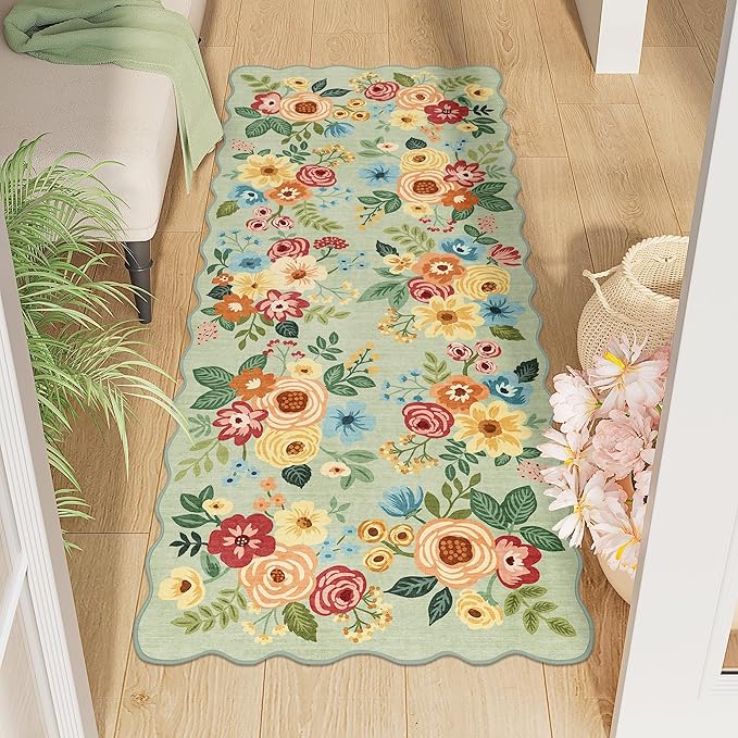 DUKINO 2x5 Washable Runner Rug, Floral Non Slip Rug for Kitchen, Green | Soft, Low Pile, Non-Shedding Throw Rug Runner for Hallway, Entryway, Bedroom, Bathroom, Pet Friendly, Home Decor, Lightweight