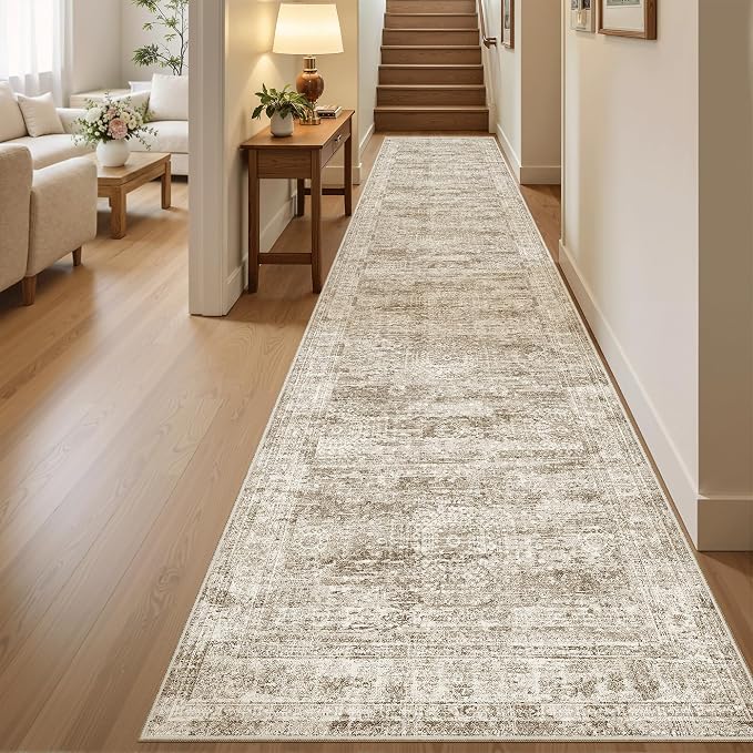 Soalmost Hallway Runner Rug 2'6"x10' Non-Slip Runners for Kitchen Brown | Washable Vintage Long Rugs 2.5x10ft Bathroom, Thin Low Pile Foldable 10ft Floor Carpet Mat for Entryway Corridor Bedroom