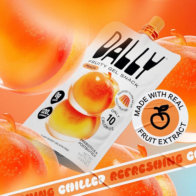 Dally Peach Drinkable Konjac Jelly, 10 Pouches, Korean Fruit Snack | Sugar free, keto and gluten free; prebiotics, postbiotics and vitamin C for skin and immune health