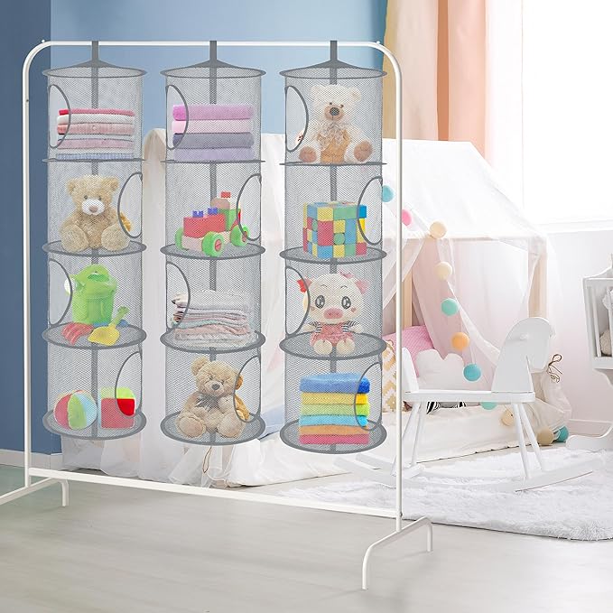 3Pcs Hanging Mesh Space Saver Bags Organizer, Foldable Storage Organizer 4 Compartments Toy Storage Organizer for Kid Room Toys, Gloves,Hats,Socks Storage (Grey)