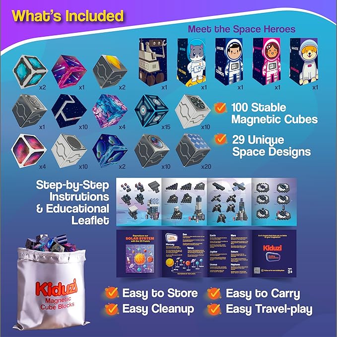 2 in 1 Toy: 1 inch Magnetic Building Blocks – Space Adventure Edition - 100-Piece STEM Toy Ages 3-10+ - 2D Puzzle & 3D Models - Screen-Free Fun - Strong Magnets, Durable & Travel-Friendly