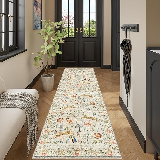 DUKINO 2.6x8 Rug for Hallway, Washable Kitchen Runner Rug Non Slip, Beige | Low Pile, Stain Resistant, Soft Animal Indoor Carpet Runner for Entryway, Bedroom, Bathroom, Laundry, Lightweight, Home Decor