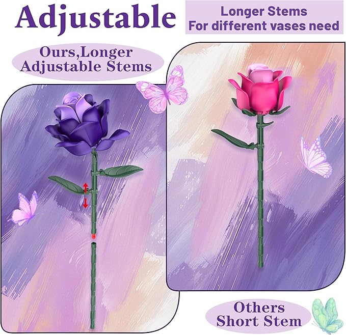 Purple Roses Flower Bouquet Building Sets, 834PCS Artificial Flowers Building Blocks, Gothic Decor Halloween Decor Botanical Collection for Adults Women, Gifts for Halloween Christmas Valentines Day