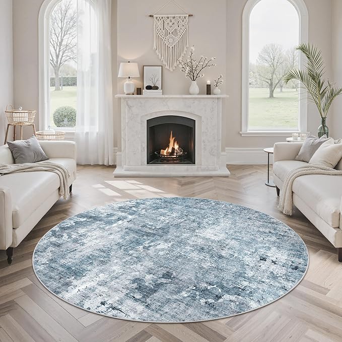 Soalmost Abstract 6x6 Round Rug 6ft Circle Living Room Rugs, Blue/Grey | Washable Vintage Indoor Carpet for Dining Bedroom, Low Pile Stain Resistant Foldable Floor Mat Entryway Home Office Decor