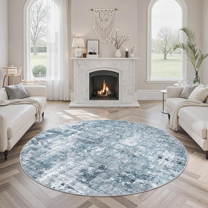 Soalmost Abstract 5x5 Round Rug 5ft Circle Living Room Rugs, Blue/Grey | Washable Vintage Indoor Carpet for Dining Bedroom, Low Pile Stain Resistant Foldable Floor Mat Entryway Home Office Decor