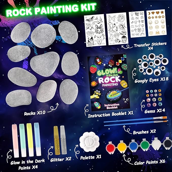 Rock Painting Kit for Kids Ages 6-12, Glow in The Dark Rock Paint, Arts and Crafts Birthday Party Gifts for Boys Girls 6 7 8 9 10 12 Year Old, Creative Craft Activity Kits, Art & Crafts Supplies Toys
