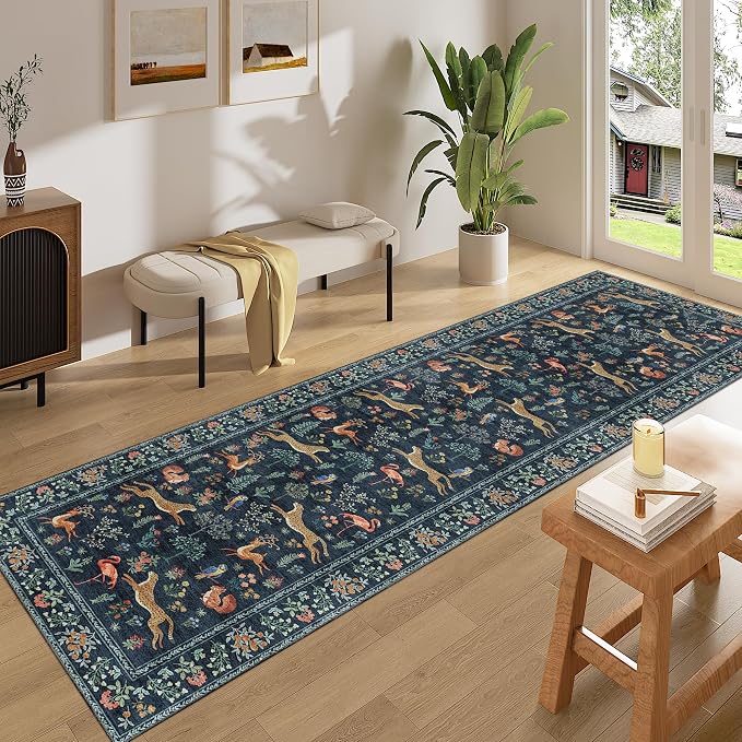 DUKINO 2x8 Washable Runner Rug, Non Slip Animal Kitchen Rugs, Navy Blue | Soft, Low Pile, Non-Shedding Indoor Carpet Runner for Hallway, Entryway, Bedroom, Bathroom, Pet Friendly, Stain Resistant