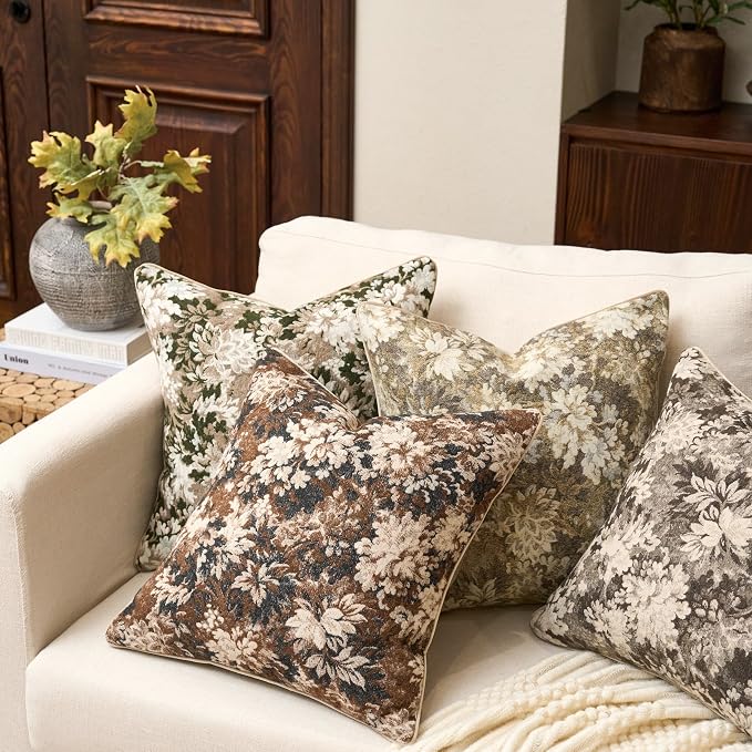 Neutral Floral Pillow Cover 18 x18 Inches, Vintage Chenille Square Throw Pillow Cover Soft Decorative Farmhouse Accent Couch Pillow Cover for Living Room Bedroom, Grey