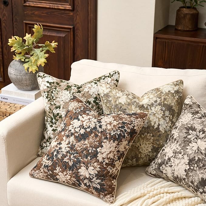 Neutral Floral Pillow Cover 12 x 20 Inches, Vintage Chenille Rectangle Throw Pillow Cover Soft Decorative Farmhouse Accent Couch Pillow Cover for Living Room Bedroom, Grey