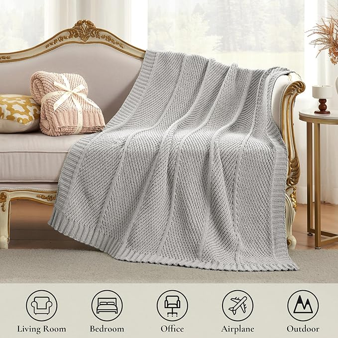 Knit Throw Blanket, Soft Chenille Cozy Breathable Chevron Chunky Decorative Blanket for Couch, Bed & Sofa, French-Inspired Lightweight Warm Gift for Women, Light Gray, 60"x80"
