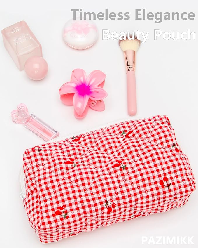 Small Quilted Makeup Bag,Zipper Cosmetic Pouch,Gingham Red Cherry,6 Pack | Lightweight Cosmetic Bag Organizer for Women,Purse Storage Holds Makeup,Toiletries,Skincare,Beauty Essentials,Travel Items
