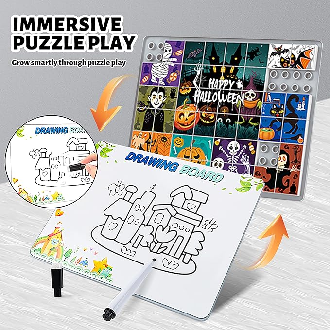 Anzikfoy 48 Piece Toy Building Jigsaw Puzzle Sets, 2 in 1 Halloween Theme Boys Girls Puzzles Building Block with Reusable Drawing Board Set for Toddlers Ages 1-3 and Kids 3+ Year Old