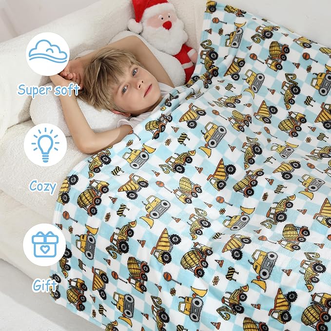 Softan Kids Throw Blanket for Girls & Boys, Warm Soft Toddler Flannel Blankets for Sofa Couch Bed， Cozy Fuzzy Plush Flannel Kids Throw Blanket for Daycare & School - Excavator 50x60 inches