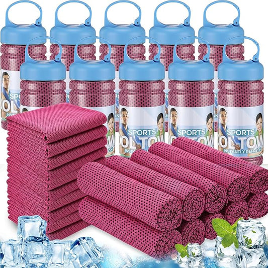 Honoson 20 Pcs Cooling Towels for Neck and Face, 47"x12" Sports Breathable Ice Towels Microfiber Chilly Sweat Rags with Portable Bottle for Gym Golf Athletes Yoga Workout Hot Weather (Rose Red)