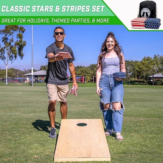 GoSports Official Regulation Cornhole Bean Bags Set of 8 – for Fun Casual Cornhole Games - All Weather - American Stars and Stripes or Red and Blue