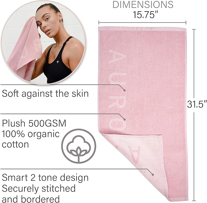 Pink Gym Towel for Women - Organic Cotton Silver Infused Sweat Towel, 500 GSM, 31.5"x15.75" - Soft Absorbent Workout Towel for Gym Yoga Spin and Pilates, Exercise Towel