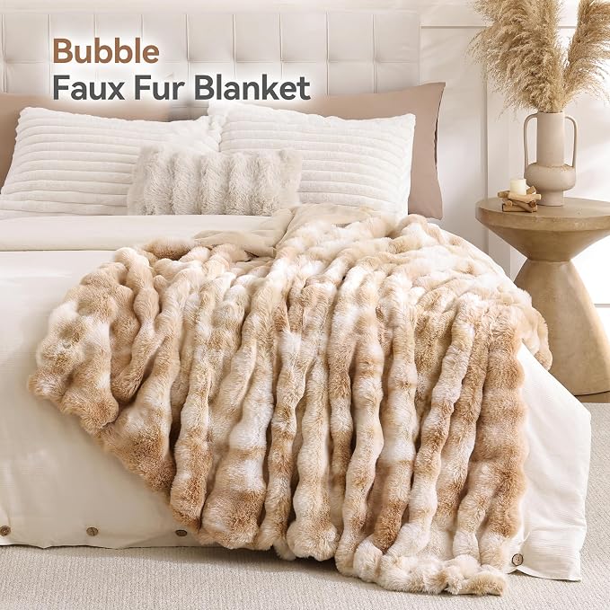 Faux Fur Throw for Couch - Tie-dye Camel Bubble Blanket 60"x80" | Fluffy Plush Fuzzy Throw for Sofa & Bed, Super Soft Cozy Comfrt Blanket, Luxury Aesthetic Camel Decor Gift for Women