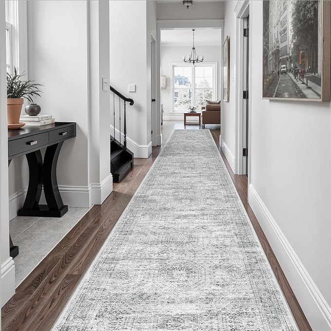 Soalmost Hallway Runner Rug 2'6" x 16' Washable Long Kitchen Rugs Grey | Non-Slip Vintage Runners 2.5x16ft for Bathroom Entryway, Thin Low-Pile Foldable Floor Carpet Mat 16 ft for Corridor Bedroom