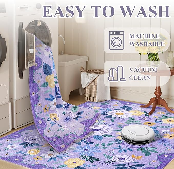 DUKINO 6x9 Area Rugs, Floral Washable Rug for Bedroom Non Slip, Purple | Soft, Low Pile, Large Indoor Rug for Living Room, Dining Room, Kids Room, Office, Pet Friendly, Home Decor, Stain Resistant
