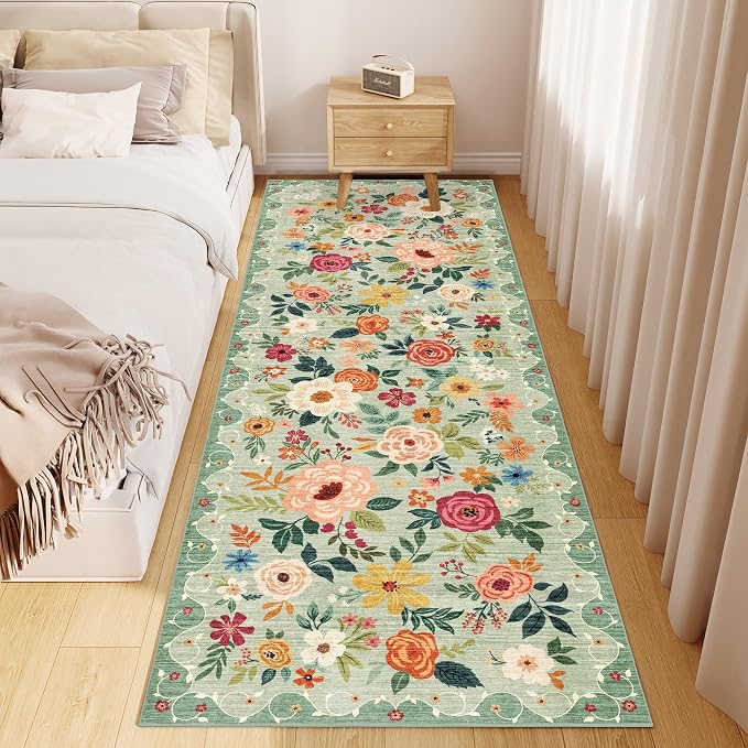 DUKINO 2x10 Runner Rug, Floral Washable Kitchen Runner Rug Non Slip, Green | Soft, Low Pile, Stain Resistant Indoor Rug Runner for Hallway, Entryway, Bedroom, Bathroom, Laundry, Pet Friendly, Home Decor